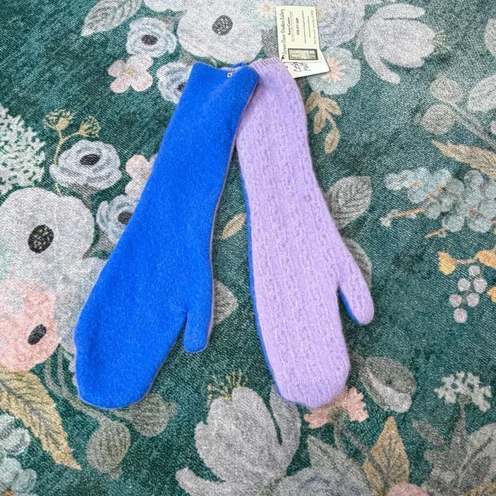 Cashmere Mittens Long Upcycled Handmade Blue Purple Knit Gloves Womens Adult NWT
